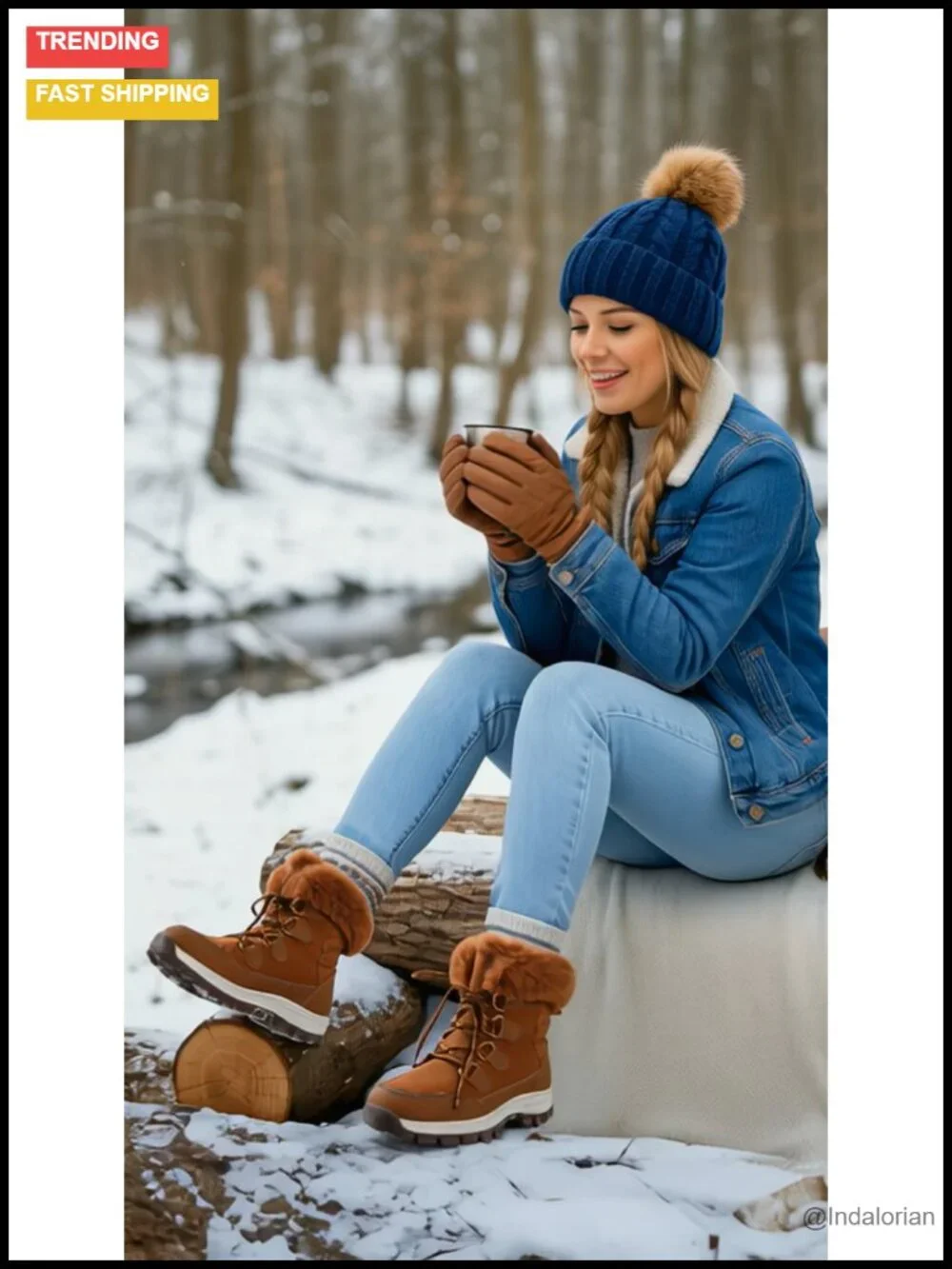 Waterproof Snow Boots for Women, Faux Fur Trim, Lace Up Mid-Calf